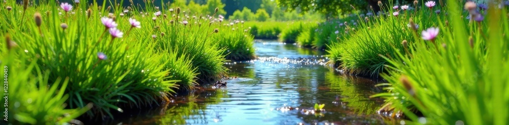 A gentle stream running through a lush summer meadow with tall grasses , stream, meadow, water A gentle stream running through a lush summer meadow with tall grasses , stream, meadow, water