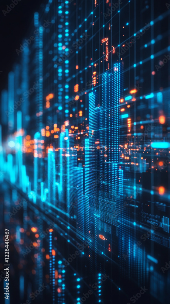 Futuristic financial data visualization with blue and orange graphs Futuristic financial data visualization with blue and orange graphs