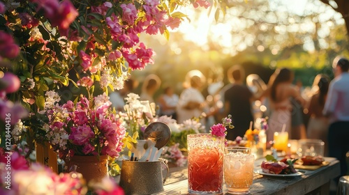 Fototapeta Naklejka Na Ścianę i Meble -  Beautiful Outdoor Cocktail Party Surrounded by Colorful Flowers and Guests