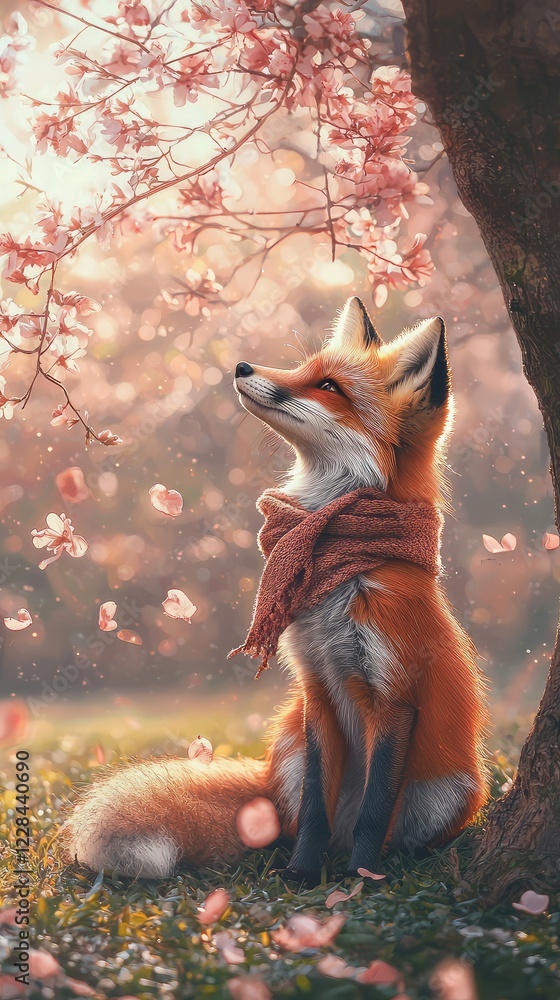 Obraz premium Majestic Fox Surrounded by Cherry Blossoms in Soft Spring Light