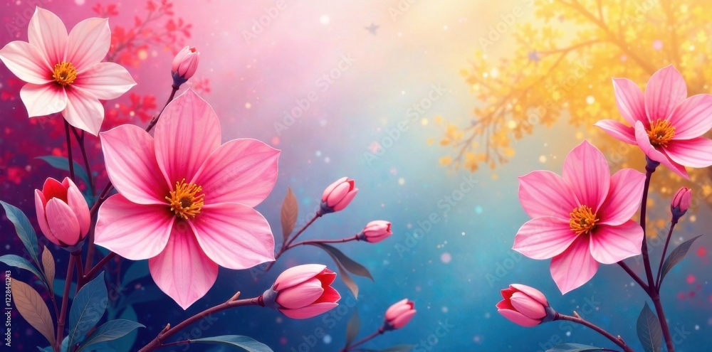 Abstract flowers in a gradient of pink to blue and yellow hues on a floral pattern, nature, design Abstract flowers in a gradient of pink to blue and yellow hues on a floral pattern, nature, design