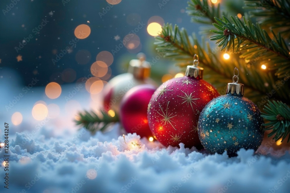 Sparkling Christmas Ornaments on Snowy Background, sparkles, festive Sparkling Christmas Ornaments on Snowy Background, sparkles, festive