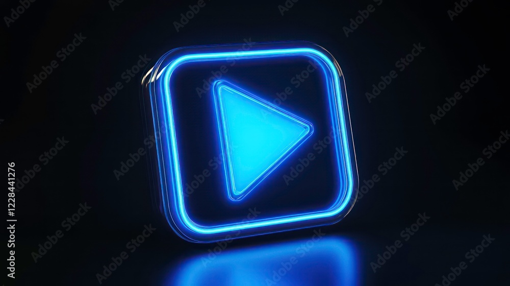 Neon glowing blue play button on black background with triangle arrow start button, Glowing, blue Neon glowing blue play button on black background with triangle arrow start button, Glowing, blue