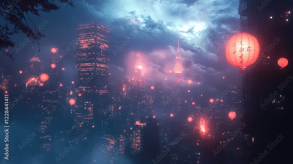 Obraz premium Enchanted Cityscape at Night with Lanterns and Misty Skyline