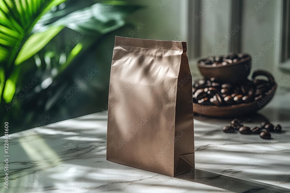 Brown Coffee Bag on Marble Table with Beans Brown Coffee Bag on Marble Table with Beans
