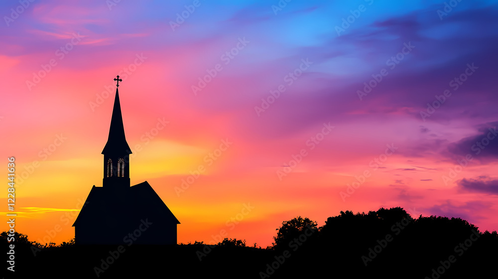 Obraz premium A serene church spire silhouetted against a vibrant sunset sky, symbolizing peace and spirituality. Vibrant Spire. Illustration