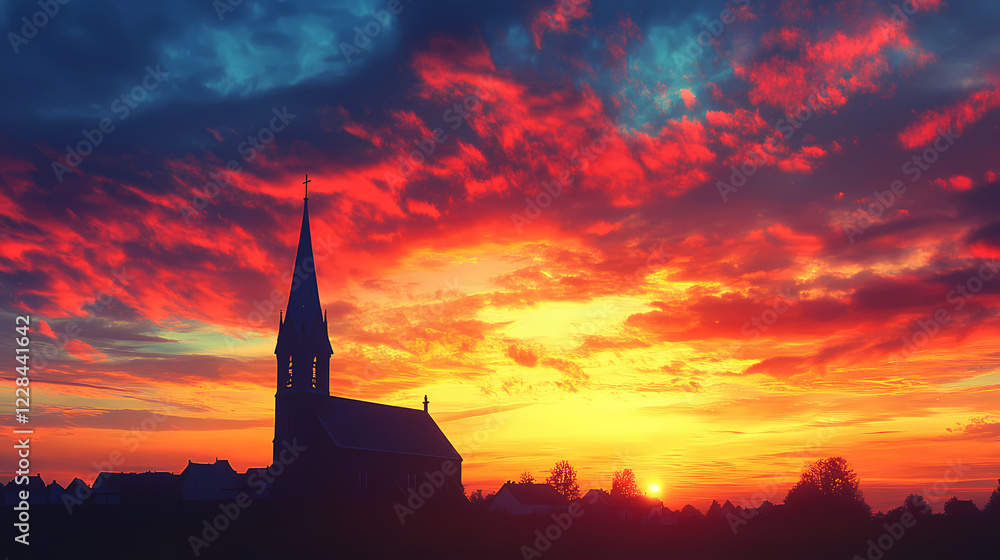 Fototapeta premium A serene church spire silhouetted against a vibrant sunset sky, symbolizing peace and spirituality. Vibrant Spire. Illustration