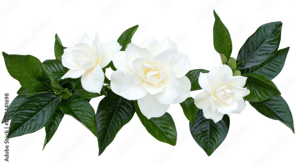 Fototapeta premium White Gardenia Flowers and Green Leaves