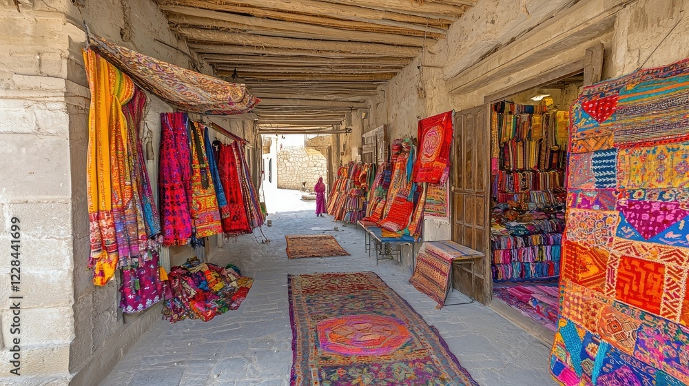 custom made wallpaper toronto digitalColorful textiles and rugs displayed in a narrow alleyway of a historic market.