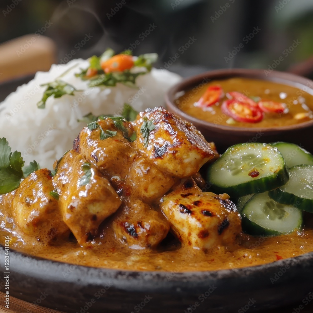 Delicious Pan-Seared Tofu in Aromatic Peanut Sauce with Steamed Rice and Cucumber Delicious Pan-Seared Tofu in Aromatic Peanut Sauce with Steamed Rice and Cucumber