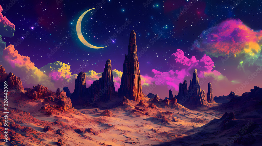 Fototapeta premium Desert landscape with vibrant colors and a crescent moon. Vibrant Spire. Illustration