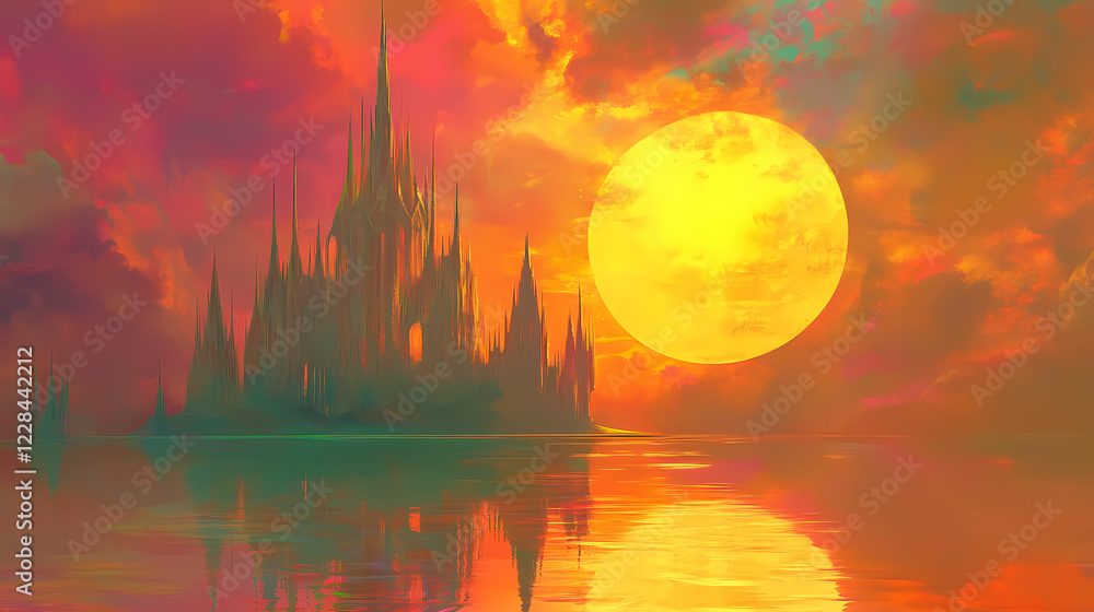 Fototapeta premium Fantasy castle, ethereal, vibrant sky, glowing sun, spires, mystical, artistic, dreamlike, reflection, tranquil, surreal, colorful, magical, scenic, otherworldly. Vibrant Spire. Illustration