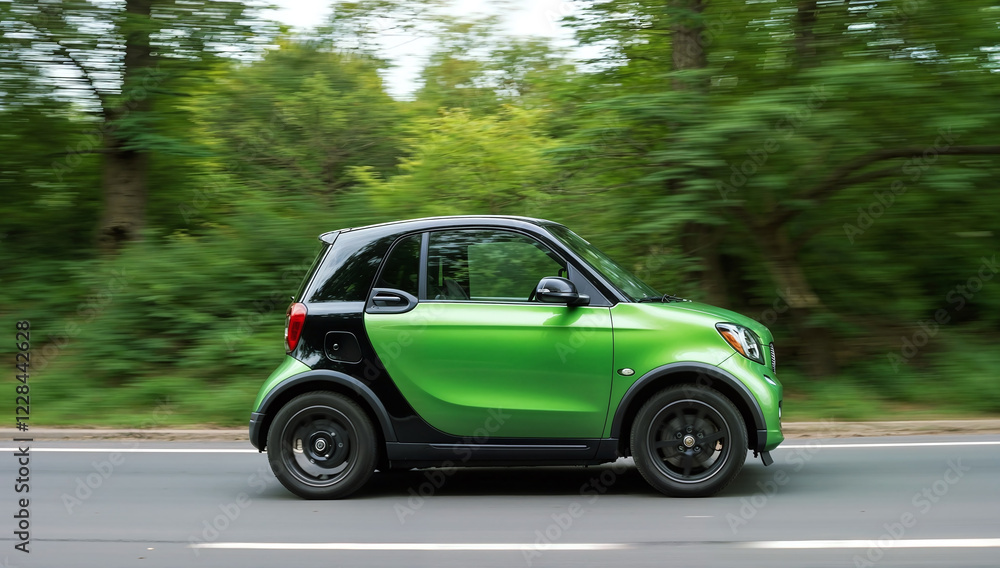 Green electric car moving fast in the rural streets with motion blur, surrounded by trees, sustainable green transportation concept Green electric car moving fast in the rural streets with motion blur, surrounded by trees, sustainable green transportation concept