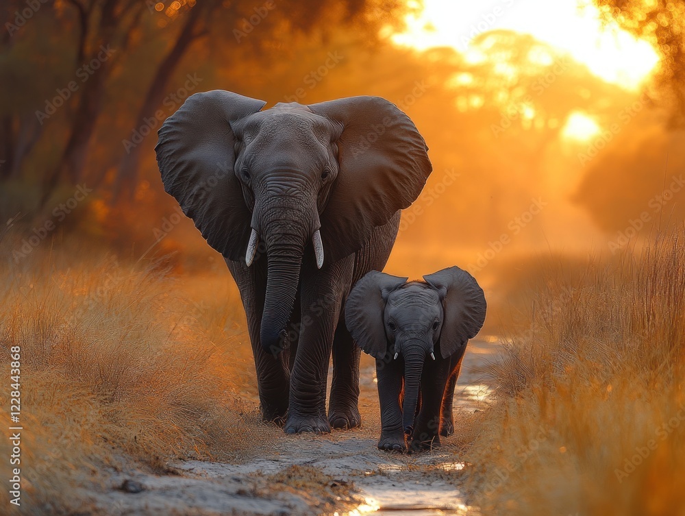 Obraz premium Majestic elephants mother and baby walking during sunset in natural habitat with golden light