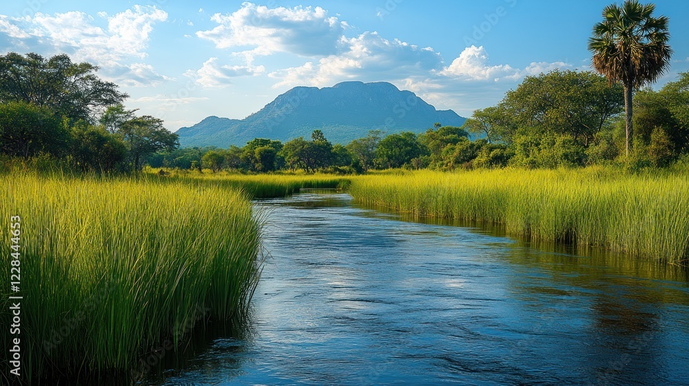 Obraz premium Serene River Flowing through Lush Green Marsh with Distant Mountain Views and Blue Sky