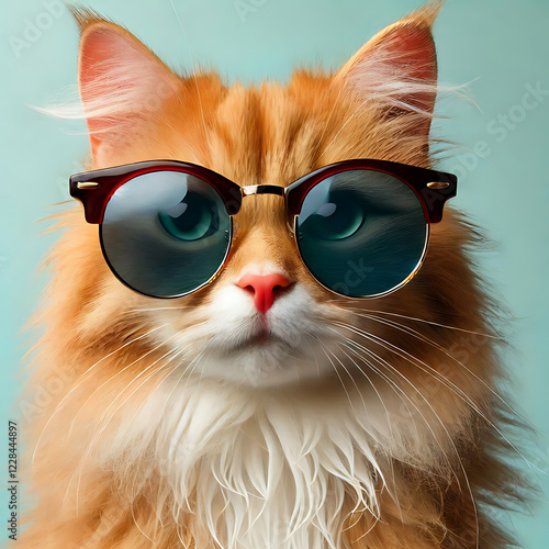 Funny red cat with sunglasses sits on a blueb ackground.
 photo