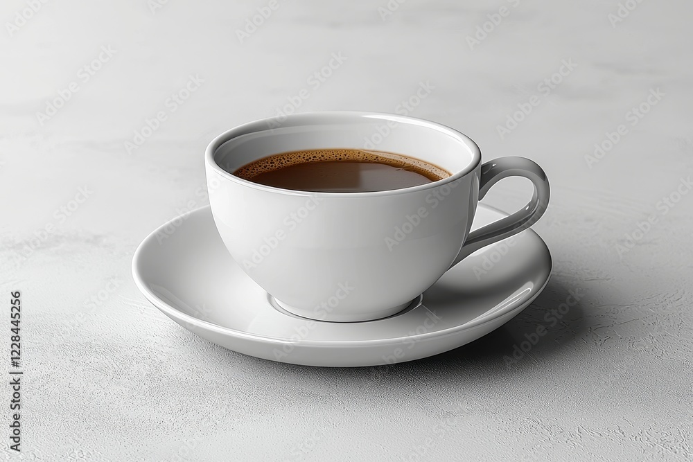 A simple white cup and saucer filled with coffee on a light surface. A simple white cup and saucer filled with coffee on a light surface.