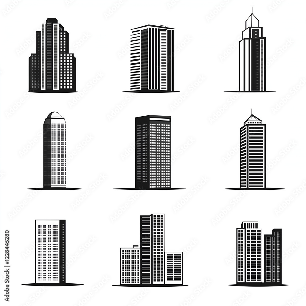 set of buildings silhouettes on white set of buildings silhouettes on white