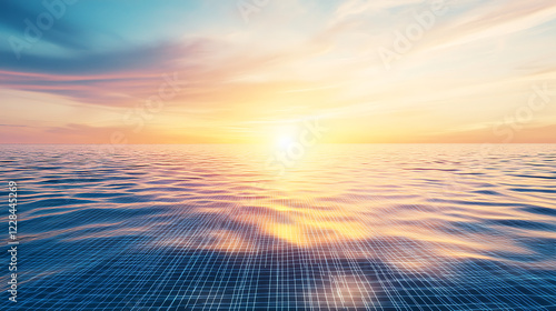 Golden Sunlit Ocean with Abstract Neonic Gridlines Reflecting Technological Innovation photo