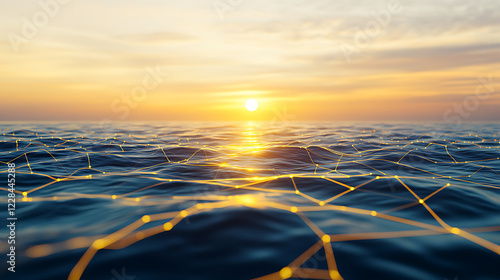 Golden Sunlit Ocean with Abstract Neonic Gridlines Reflecting Technological Innovation photo