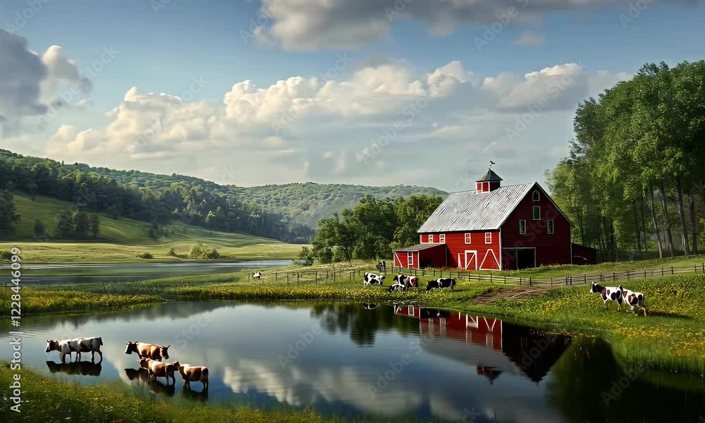 Cows graze by red barn, rural pond, hills Cows graze by red barn, rural pond, hills