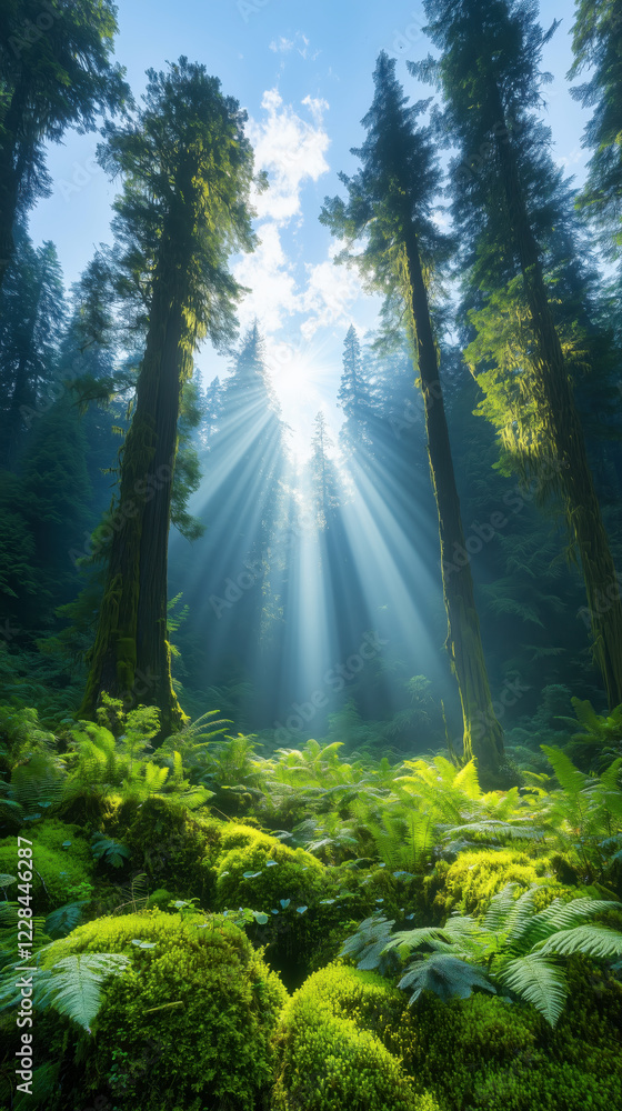Obraz premium Mystical Forest Scene with Sunlight Filtering Through Tall Trees