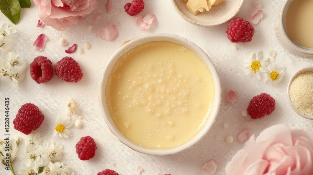 A beautiful shot of French crme caramel in a ramekin, surrounded by decorative ingredients, with ample empty space around it. A beautiful shot of French crme caramel in a ramekin, surrounded by decorative ingredients, with ample empty space around it.