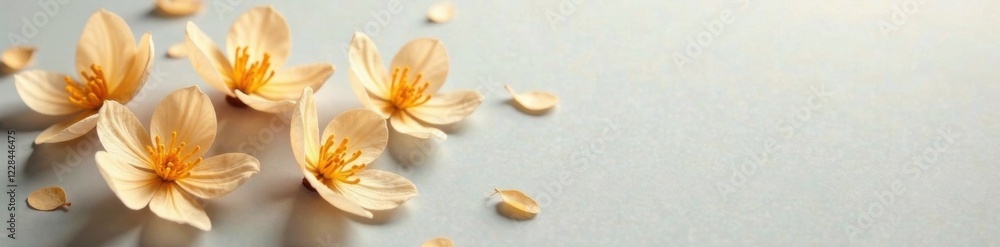 Fototapeta premium Dainty golden petals on pale gray, luxury paper wallpaper, interior design element, gold leaf patterns