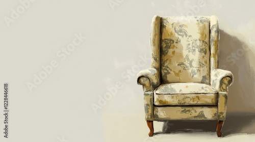 A caf chair with decorative patterns, placed in a corner with a neutral background. photo