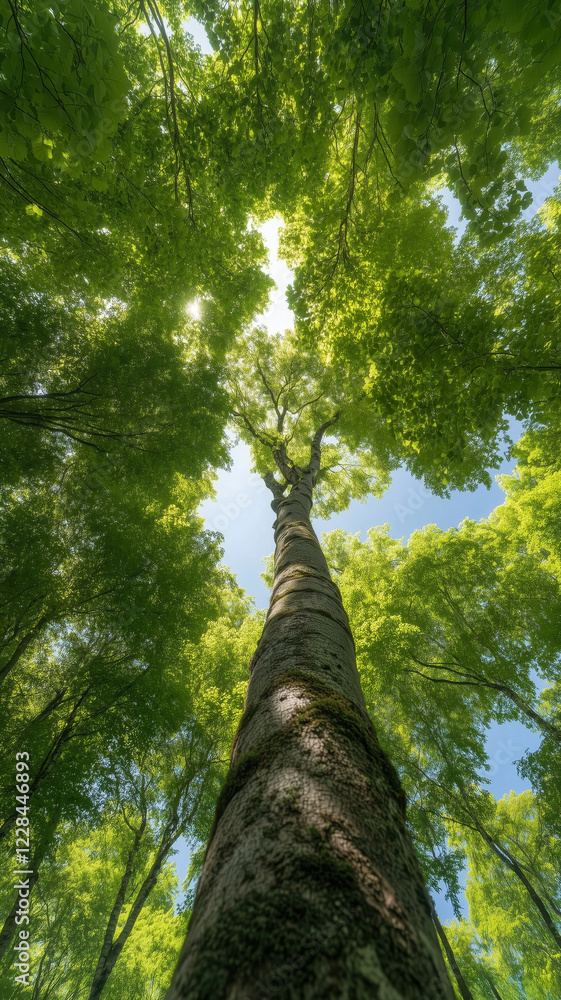 Fototapeta premium Lush Green Tree Canopy with Sunlight Filtration from Below Viewpoint