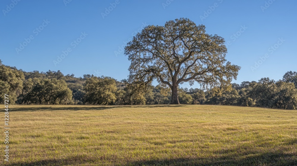 Solitary oak tree in autumn field, hills background, nature landscape, idyllic scene Solitary oak tree in autumn field, hills background, nature landscape, idyllic scene