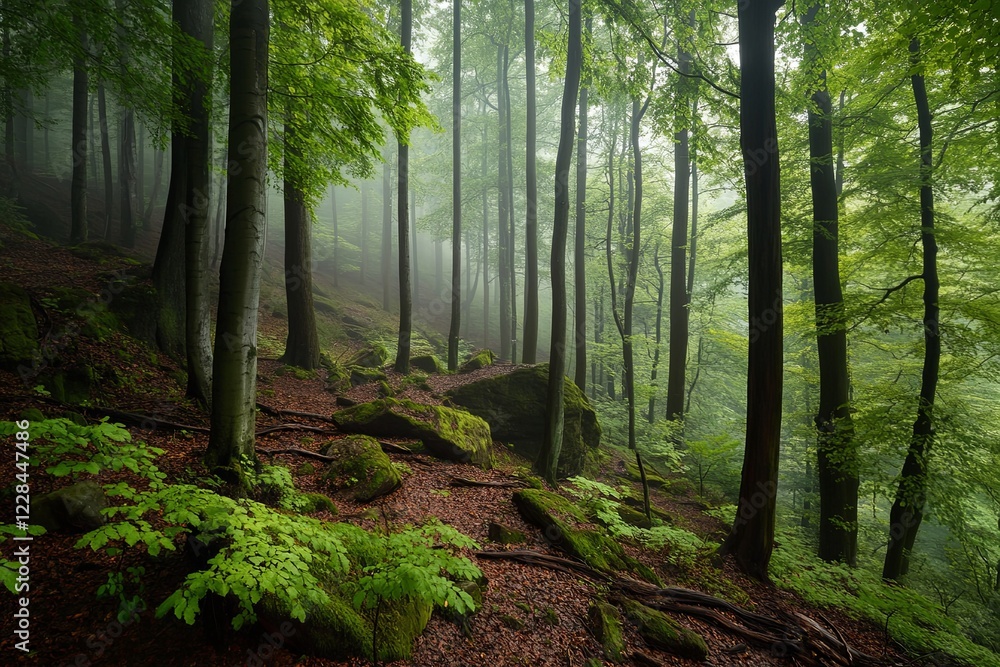 Mysterious deep forest landscape enveloped in thick mist creating an atmosphere of peace and solitude. Generative AI Mysterious deep forest landscape enveloped in thick mist creating an atmosphere of peace and solitude. Generative AI