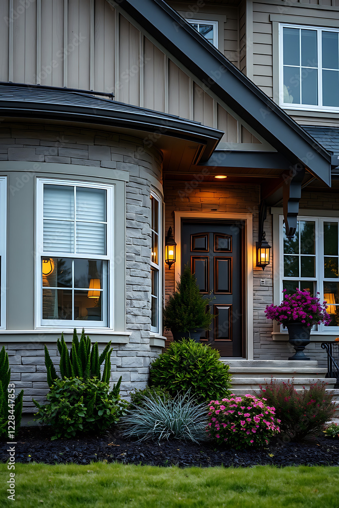 Obraz premium Luxury Home Exterior at Night: Modern Architecture, Landscaping, and Garden Design