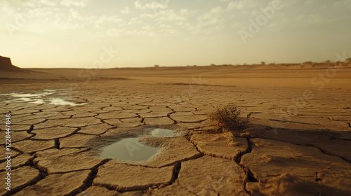 Illustration of cracked soil, the grim reality of drought in arid desert landscapes. photo