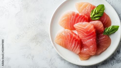 A close-up shot of raw fish fillets with clean edges, placed on a white plate with plenty of copy space.