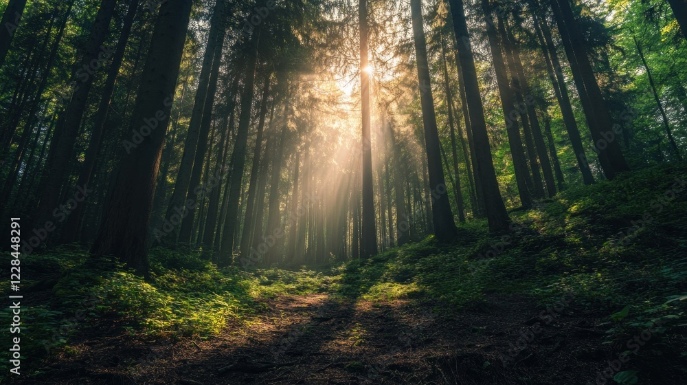 Naklejka premium Sunbeams illuminate forest path, misty woods background, nature serenity