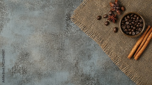 A flat lay of coffee beans and cinnamon sticks on a burlap fabric with empty space. photo