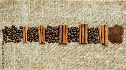 A flat lay of coffee beans and cinnamon sticks on a burlap fabric with empty space. photo