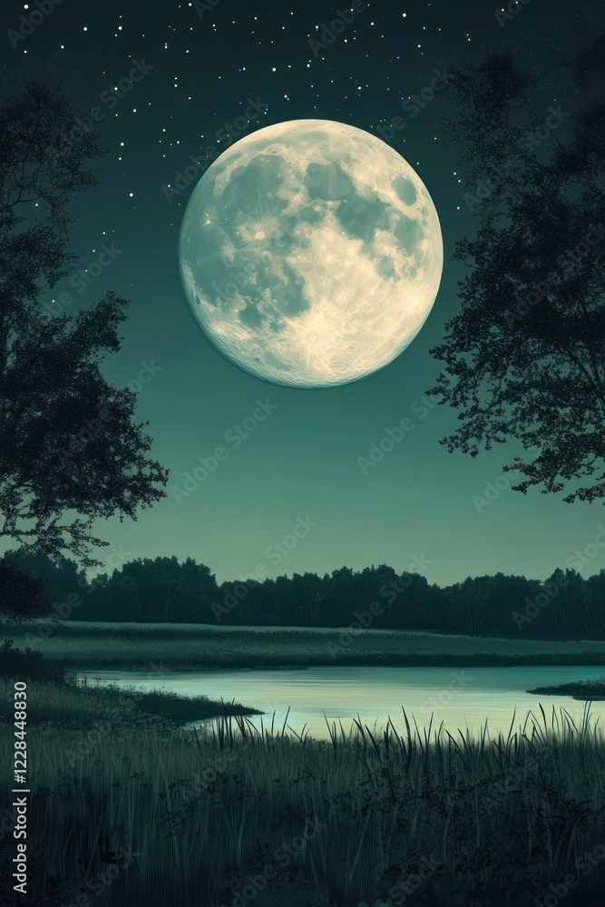 Naklejka premium Raw style illustration of moonlit countryside in silver and black