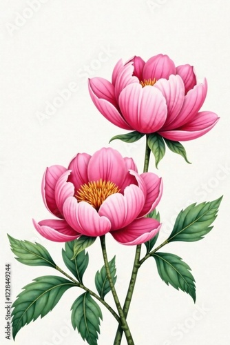 Delicate watercolor peony flowers, blooms, floral motifs, garden
