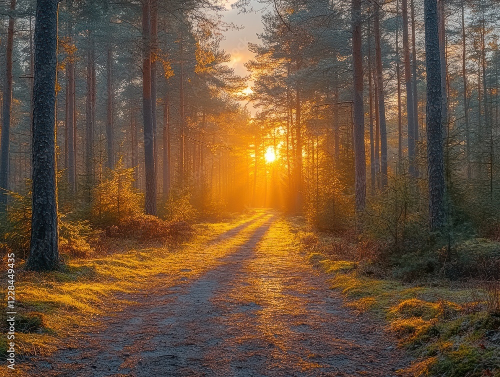 Golden sun rays illuminate a forest path with tall trees creating a beautiful light Golden sun rays illuminate a forest path with tall trees creating a beautiful light
