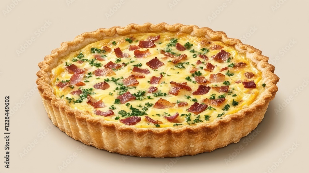 A freshly made French quiche Lorraine with bacon, cheese, and herbs, placed on a neutral background with space for customization. A freshly made French quiche Lorraine with bacon, cheese, and herbs, placed on a neutral background with space for customization.