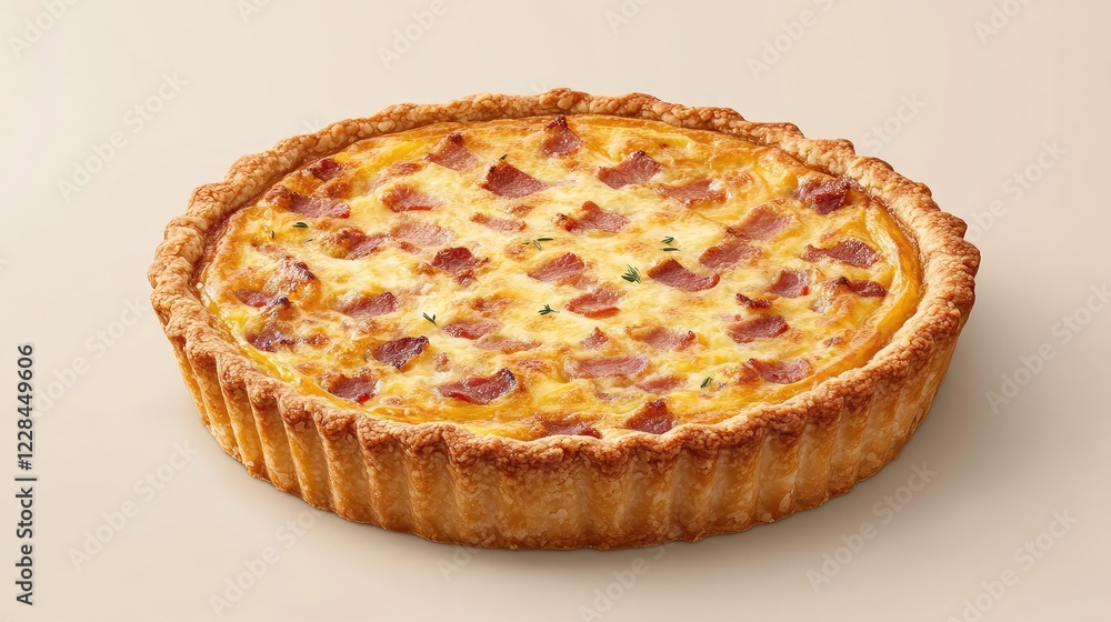 A freshly made French quiche Lorraine with bacon, cheese, and herbs, placed on a neutral background with space for customization. A freshly made French quiche Lorraine with bacon, cheese, and herbs, placed on a neutral background with space for customization.
