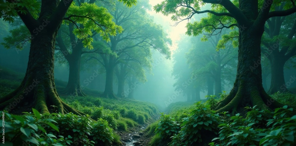 Dense forest canopy with misty atmosphere, trees, blue sky Dense forest canopy with misty atmosphere, trees, blue sky