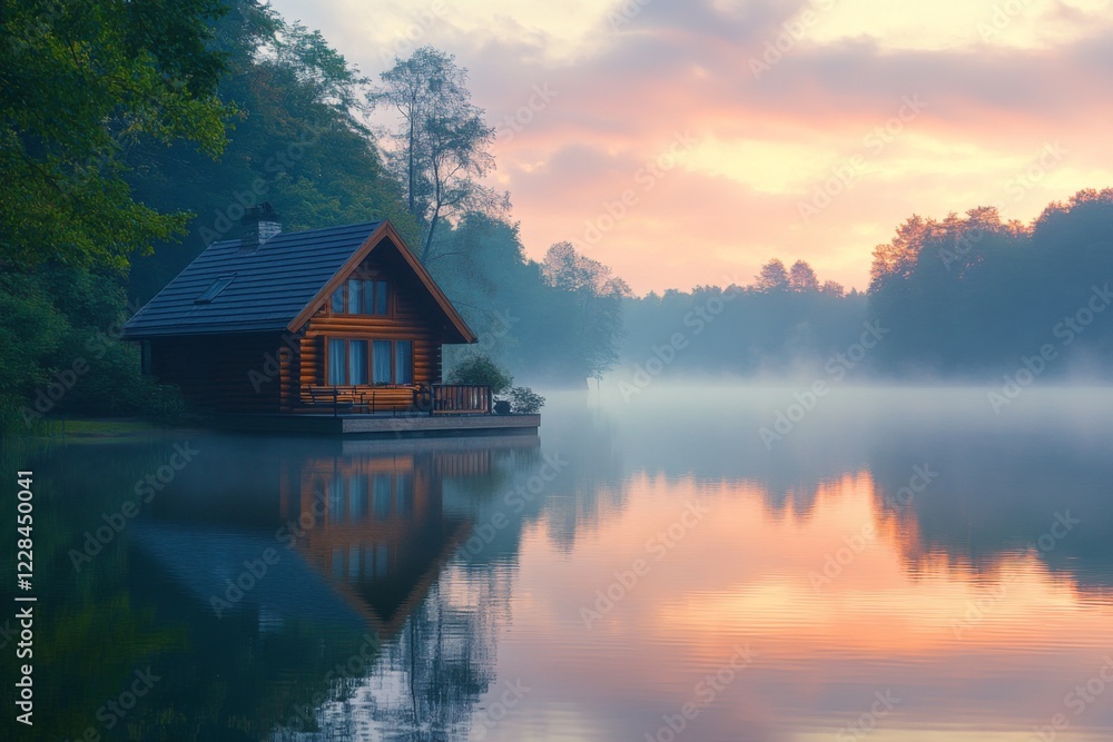 Fototapeta premium Lake house surrounded by trees at sunrise with misty reflections