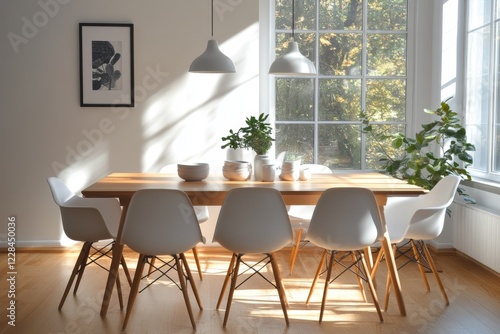 Modern dining room with large windows and sunset view photo