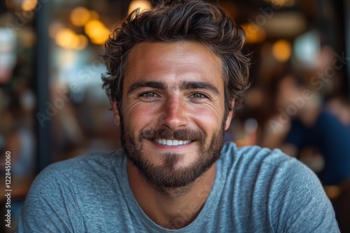 Smiling man with a beard outdoors in natural sunlight photo