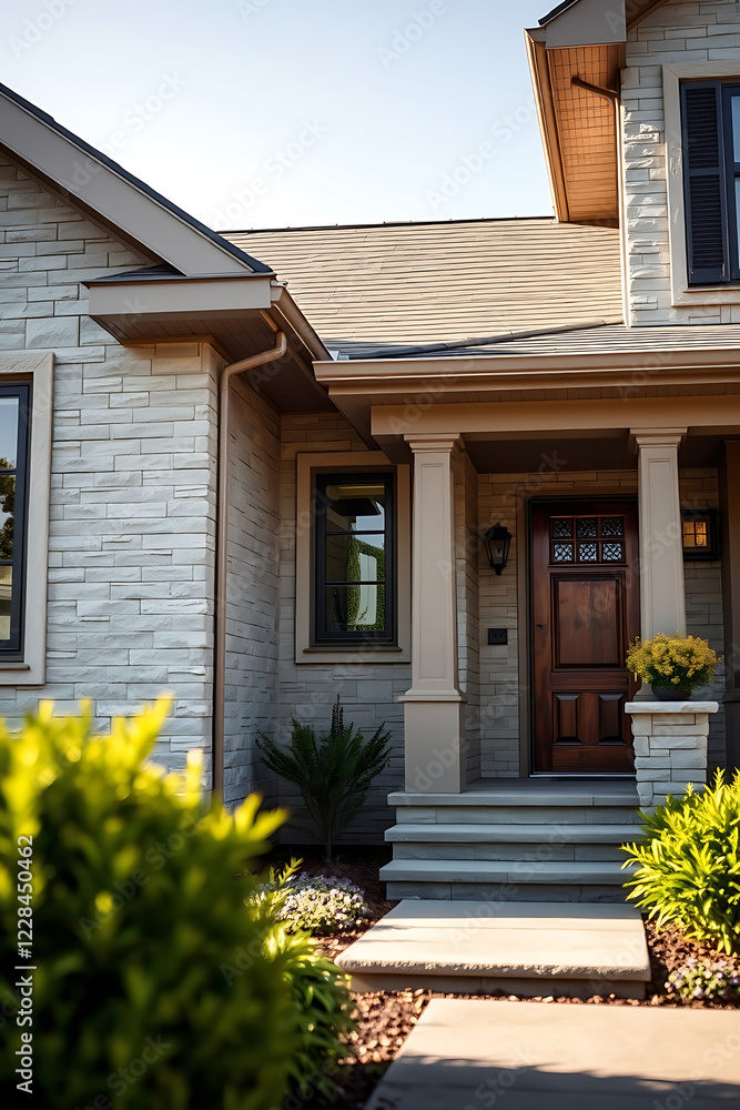 Obraz premium Luxury Home Exterior: Modern Stone Facade and Landscaped Entrance