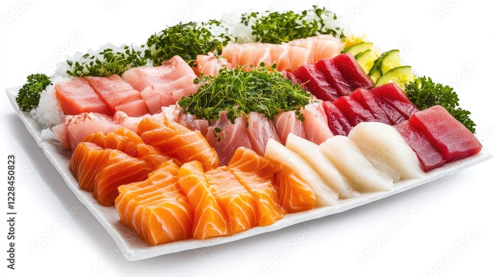 A neatly arranged platter of sashimi, garnished with microgreens, sitting on a white plate with copy space. A neatly arranged platter of sashimi, garnished with microgreens, sitting on a white plate with copy space.