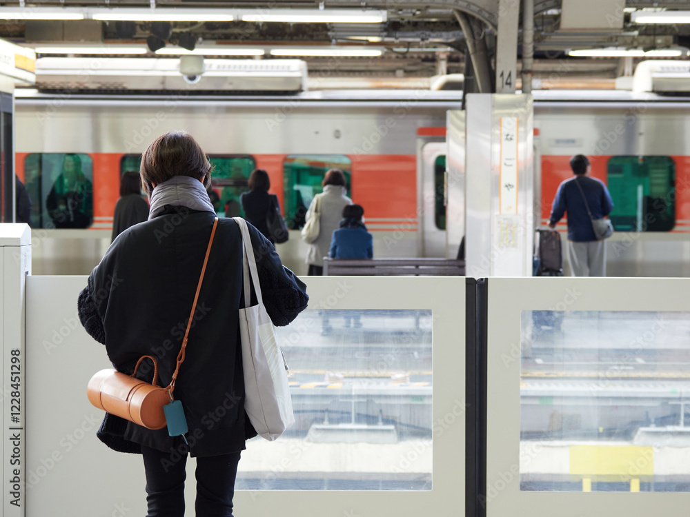 Φωτογραφία 冬の駅のホームで電車待ちの若い女性と人々の姿